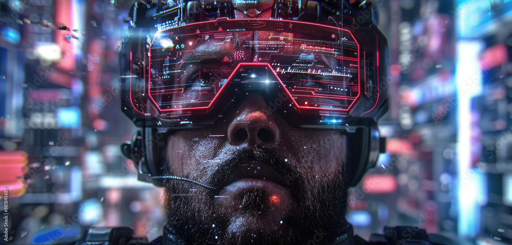 Poster a man with a beard wearing a high-tech headset with a digital display looks ahead into a digital wor