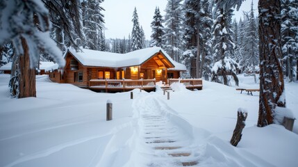 A cozy wooden cabin glows warmly amidst a snowy forest at twilight, creating a tranquil and inviting scene that speaks to solitude, serenity, and the comforting embrace of nature.