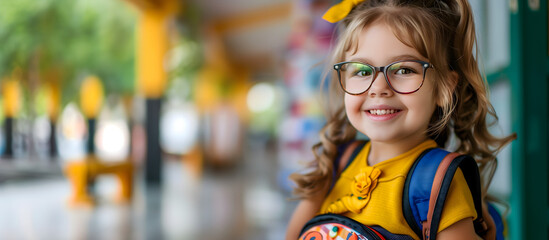 hispanic beauty type girl standing in school hallway; smiled first year blondstudent in glasses; bts photo; 6 or 7 years old young student; copy space for text; primary school