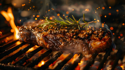Tomahawk steak with rosemary, grill marks prominent, with fiery flames and smoky tendrils creating a dramatic outdoor setting
