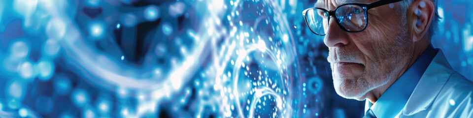 A senior scientist observes a digital data stream, possibly related to research or development