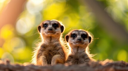 Obraz premium A heartwarming capture of a meerkat pair sitting closely together on the ground with a blurred green background, showcasing their bond and serene environment in daylight.