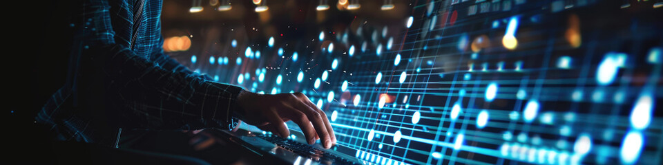 Fototapeta premium A person's hands are typing on a laptop keyboard, with a digital display behind them showing blue lines and circles