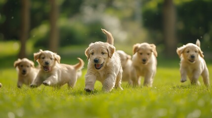 Several puppies playing in the grass Cheerful and healthy