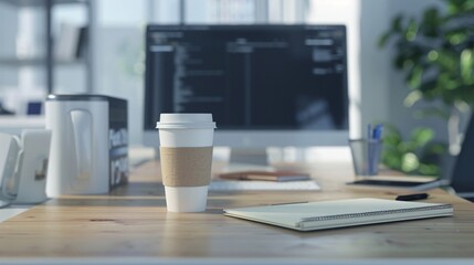 Office desk arrangement with a computer setup, stationery, and a coffee mug.
