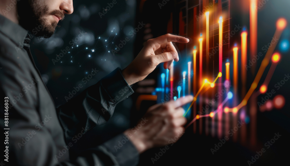 Poster futuristic business with professional using holographic data analysis display
