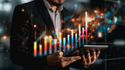 Futuristic business with professional using holographic data analysis display