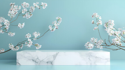White marble podium with beautiful blooming sakura flowers ,Podium in the background 