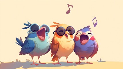 Fototapeta premium Cheerful Cartoon Birds Singing in Harmony against a Minimalist Background