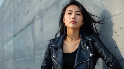 Detailed photograph of a fashionable Asian woman in a leather jacket, hands on hips, with a confident and stylish expression