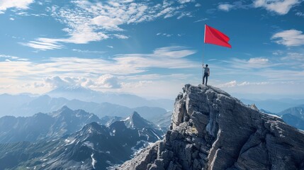 Man on Mountain Peak Raising Red Flag