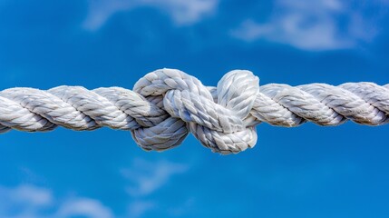 Fototapeta premium Highly detailed image of a white rope intertwined with itself against a vibrant blue sky, depicting unity, strength, and freedom