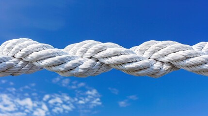 Fototapeta premium Highly detailed image of a white rope intertwined with itself against a vibrant blue sky, depicting unity, strength, and freedom