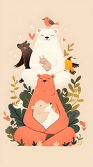 Whimsical Meditation:Peaceful Cartoon Animals in Tranquil Zen Landscape