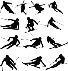Naklejka premium Set of ski player silhouette full body illustration. People posing freestyle ski in black color
