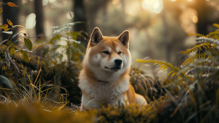 A shiba inu dog resting in the forest during golden hour