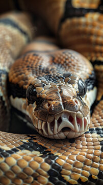 Close-up of a ball python's head with open mouth