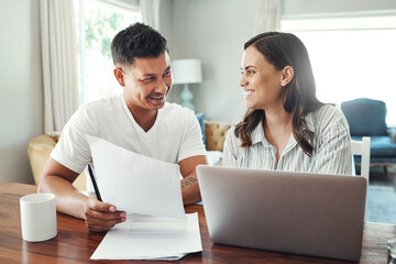 Financial, laptop and couple with paperwork in dining room for bills, life insurance or loan...