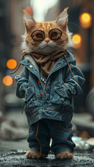 Fashionable cat wearing jeans and sunglasses in the city