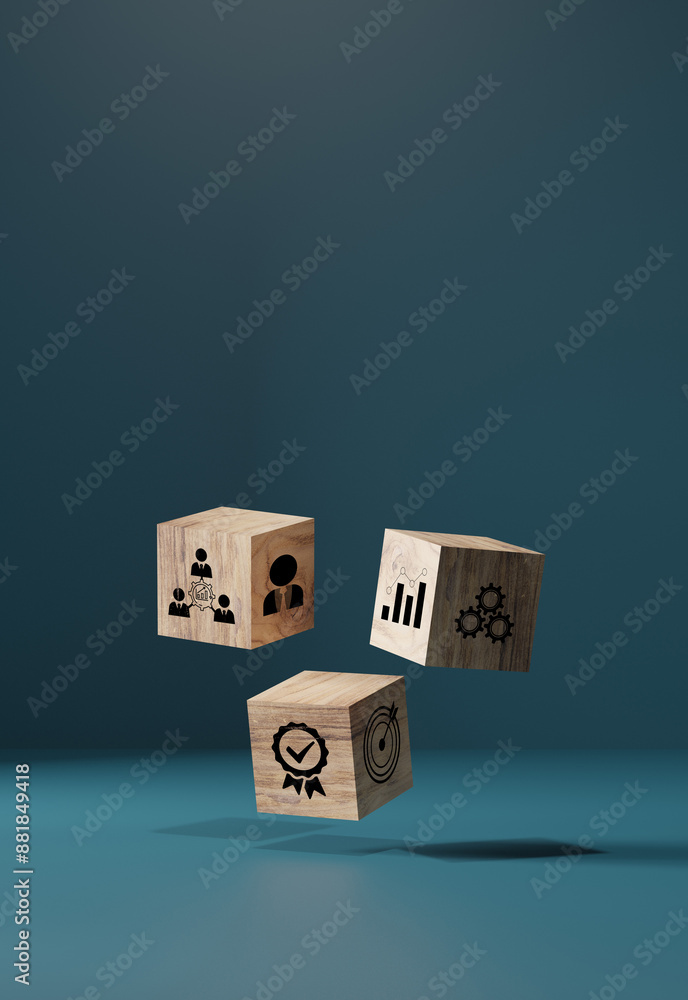 Wall mural woods block step on table with icon action plan, goal and target, success and business target concep