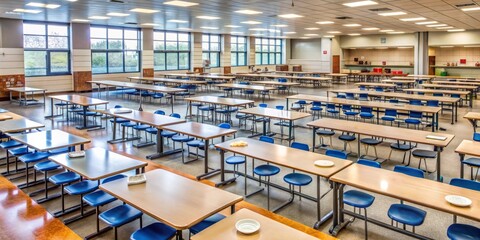 Empty school cafeteria tables with plates, utensils, and lunch trays, surrounded by chairs, convey a sense of bustling student activity during mealtime.