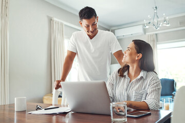 Fototapeta premium Couple, happy and laptop connection in home for family expenses, online spreadsheet and financial documents. Computer, man and woman in house for mortgage research, planning budget and tax paperwork