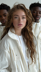 Young woman in white jacket poses for fashion editorial