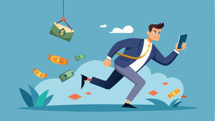 Obraz premium Greedy Man Chasing Easy Money Bait from Fraudulent Phone Call, Symbolizing Phone Scam Danger