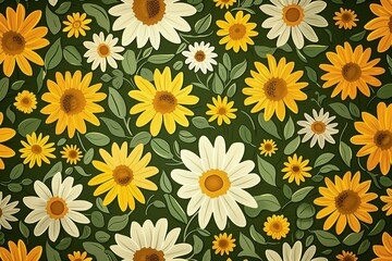 Fototapeta premium Seamless pattern with flowers and leaves. Hand drawn background. Floral pattern for wallpaper, fabric, textile, fashion, print, Cheerful Floral Elegance, Sunflower Yellow and Sage Green