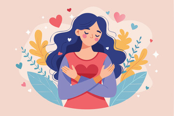 Happy woman hugging herself with hearts, symbolizing self-care, well-being, and a balanced lifestyle for managing stress and maintaining health