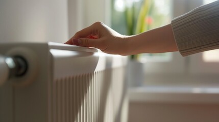 A man's hand sets the temperature control on the narrow side of a white modern heating radiator