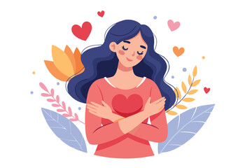 Happy woman hugging herself with hearts, symbolizing self-care, well-being, and a balanced lifestyle for managing stress and maintaining health