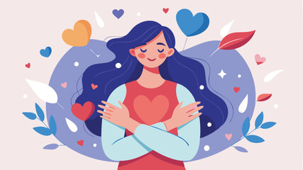 Happy woman hugging herself with hearts, symbolizing self-care, well-being, and a balanced lifestyle for managing stress and maintaining health