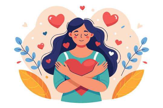 Happy woman hugging herself with hearts, symbolizing self-care, well-being, and a balanced lifestyle for managing stress and maintaining health