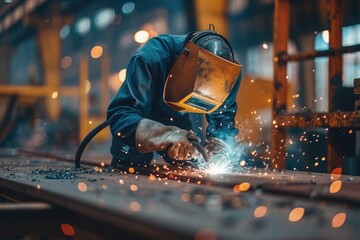 Industrial worker with protective mask welding steel structure in factory. Metalwork manufacturing and construction maintenance service concept