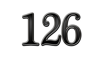 black metal 3d design of number 126 on white background.