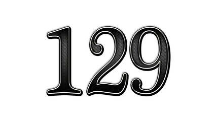 black metal 3d design of number 129 on white background.