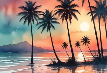 Fototapeta premium sunset landscape watercolor painting