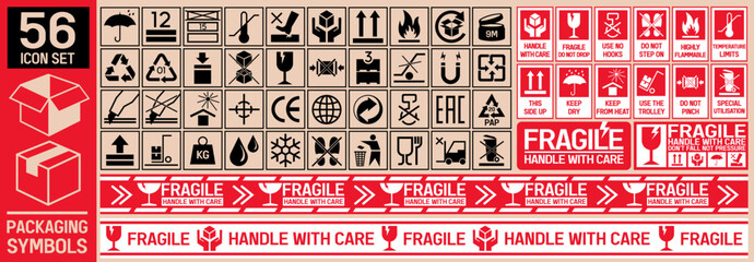 Packaging Symbols. Fragile signs set. Common packaging. Badges for cardboards shipping logistics, product labeling.