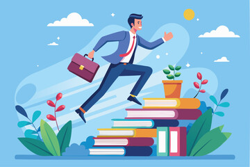 Smart Businessman Jumping Over High Books Stack to Gain Knowledge and Wisdom for Career Opportunities