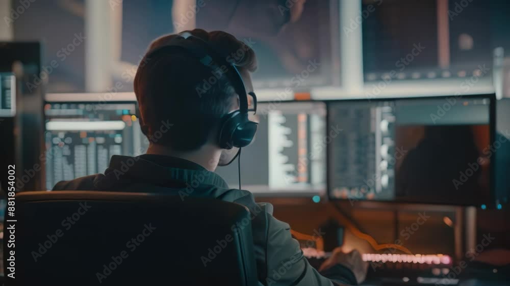 Poster a man is seated at a desk, analyzing data on several monitors for trading algorithms, implementing t