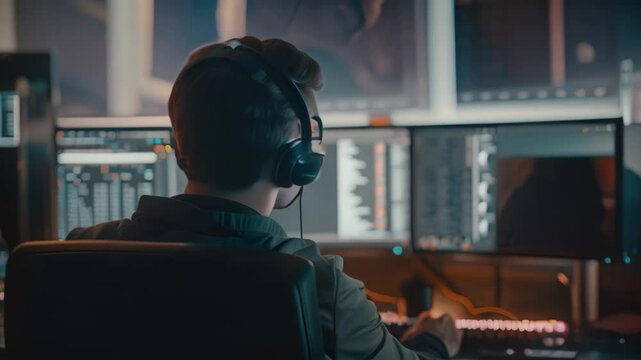 A man is seated at a desk, analyzing data on several monitors for trading algorithms, Implementing trading algorithms for automated trading