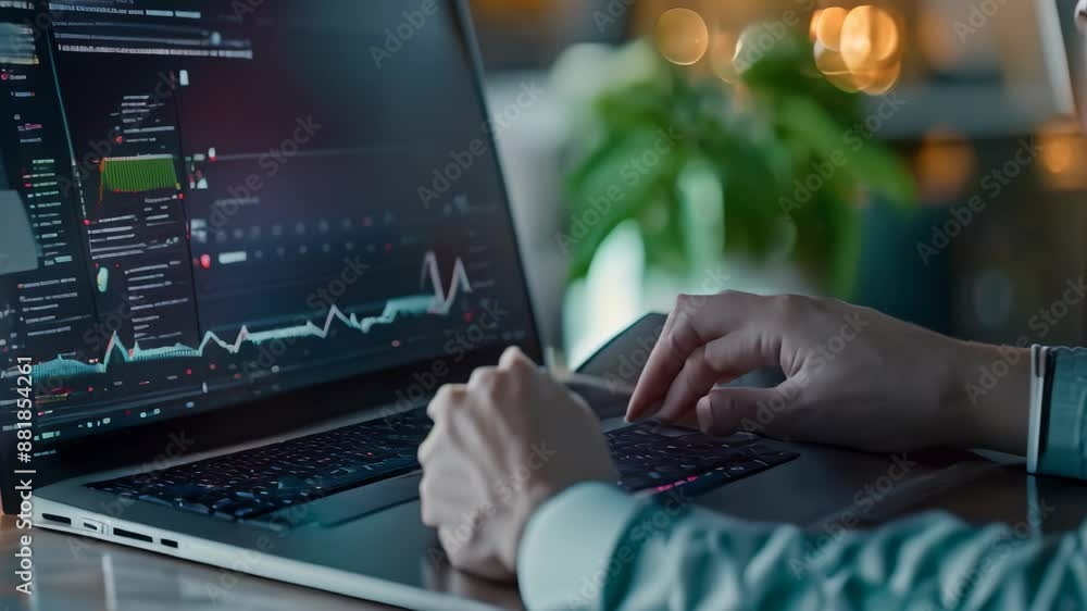 Poster a man working on a laptop, analyzing a stock chart displayed on the screen, implementing trading alg