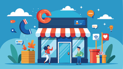 Store front with magnet attracting customers, symbolizing customer retention, marketing strategies, and sales growth through engagement and loyalty