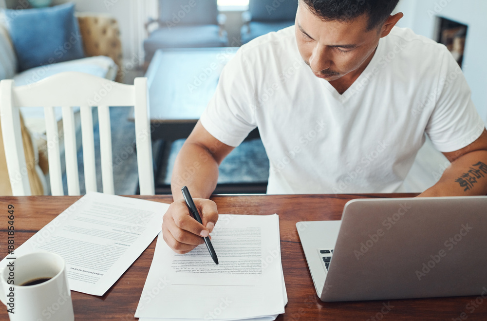 Aufkleber remote work, laptop and man with documents at table for review, sentence structure or editing. proof