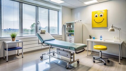 A sterile clinic room with a vacant examination table, medical equipment, and a smile-emblazoned poster, conveying a sense of health, safety, and trusted medical care.