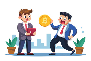 Surprised Businessman Holding Bitcoin, Faced with Government Demanding Tax on Crypto Currency Profits