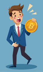 Surprised Businessman Holding Bitcoin, Faced with Government Demanding Tax on Crypto Currency Profits
