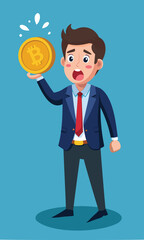 Surprised Businessman Holding Bitcoin, Faced with Government Demanding Tax on Crypto Currency Profits