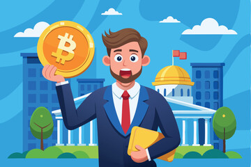 Surprised Businessman Holding Bitcoin, Faced with Government Demanding Tax on Crypto Currency Profits